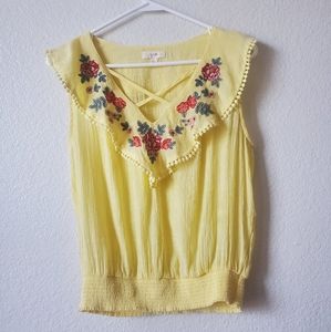 E M. Yellow Floral Embroidered Tank Top
